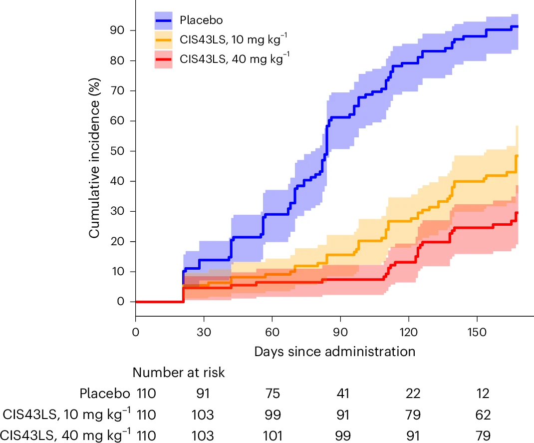 Cumulative incidence of P. falciparum blood-stage infection during a 6-month malaria season (irrespective of symptoms being present) after a single IV infusion of 10 mg kg−1 of CIS43LS (n = 110), 40 mg kg−1 of CIS43LS (n = 110) or placebo (n = 110). P. falciparum infections were detected by 18S qRT–PCR analysis of DBS collected during scheduled trial visits and unscheduled illness visits when malaria was suspected. DBS were collected before the administration of monoclonal antibody CIS43LS or placebo on day 0 and then on days 1, 3, 7, 14, 21 and 28 and every 2 weeks thereafter for a total of 24 weeks (day 168). Only DBS collected between days 21 and 168 were included. Estimates of the cumulative risk of infection are plotted along with the 95% CIs (shaded areas).